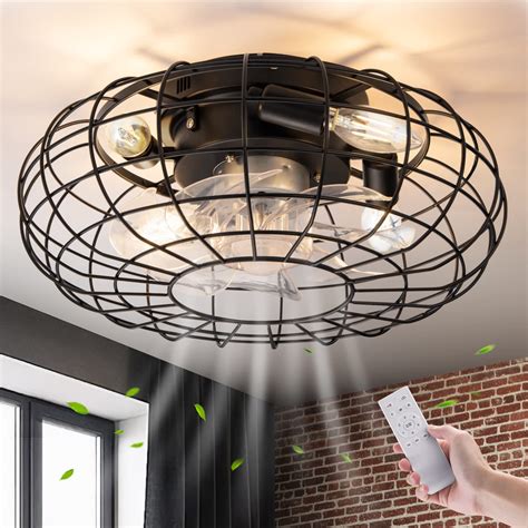 NookNova 16'' Low Profile Small Flush Mount Farmhouse Industrial Caged Ceiling Fan with Lights ...