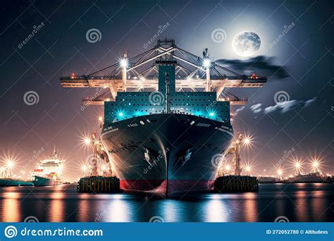 Ship with Cargo is Unloaded in Port at Night, Global Business Logistics Stock Illustration ...