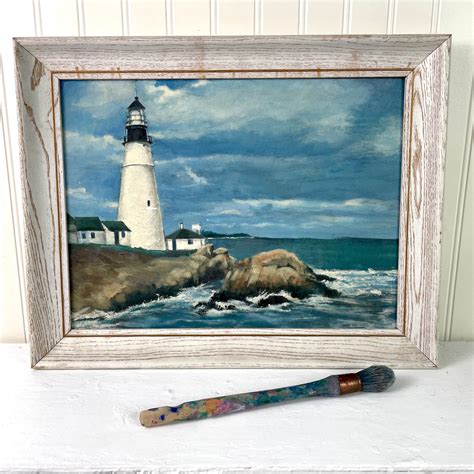 Maine lighthouse painting - vintage 1960s seascape | NextStage Vintage