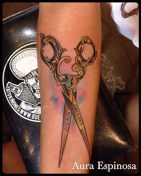 Scissors tattoo done by our resident artist Aura Espinosa … | Cosmetology tattoos, Scissors ...