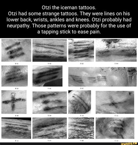 Otzi the iceman tattoos. Otzi had some strange tattoos. They were lines ...