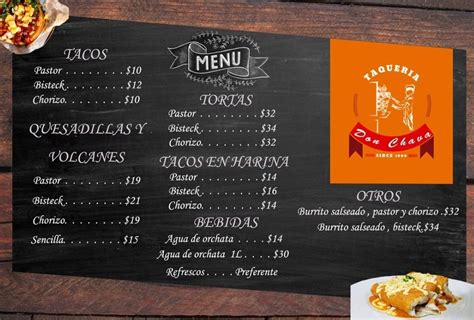 Menu at Taquería Don Chava restaurant, Irapuato