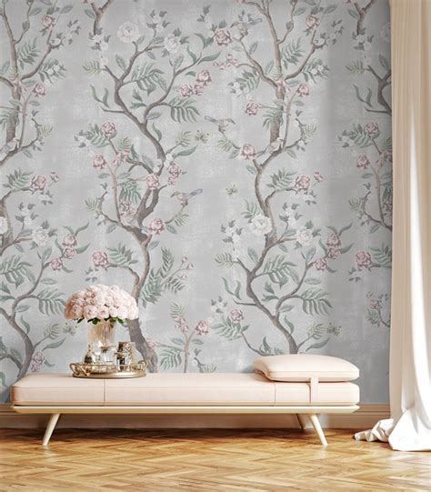 Grey Romantic Chinoiserie Wallpaper - Feathr Wallpapers