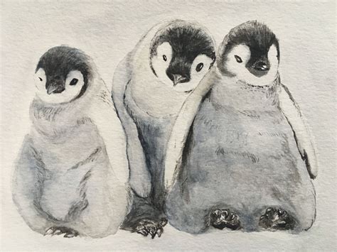 Three penguin chicks - watercolor | Drawings, Painting & drawing, Art