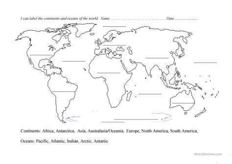 Continents And Oceans Blank Map Worksheet - Free Esl Printable | Continents Worksheet Printable ...