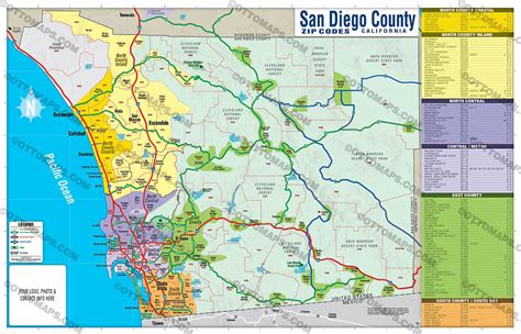 San Diego County Zip Code Map - FULL (County Areas colorized) – Otto Maps