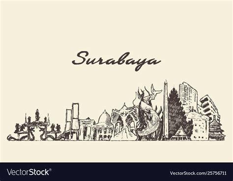 Surabaya skyline east java indonesia drawn Vector Image