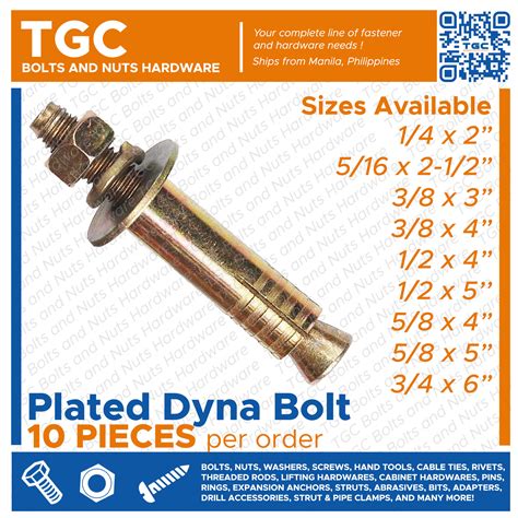 TGC 10PCS Dyna Bolt 1/4 , 5/16 , 3/8 , 1/2 , 5/8 , 3/4 inches Tetanized TGC Expansion Anchor ...