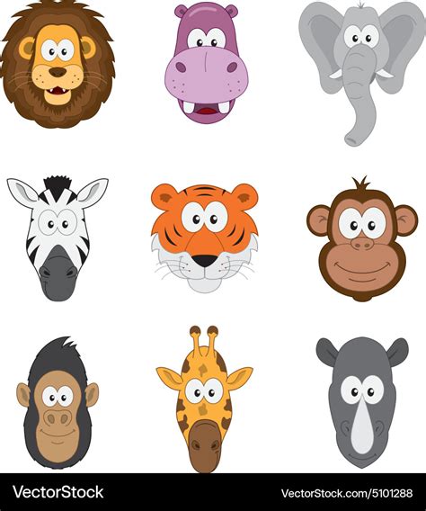 Cartoon jungle savannah animals faces Royalty Free Vector