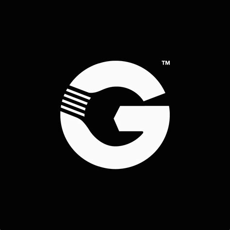 a black and white logo with the letter g in it's center, on a dark background