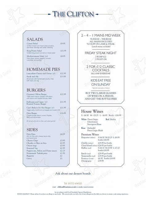 Menu at The Clifton at Warton restaurant, Freckleton