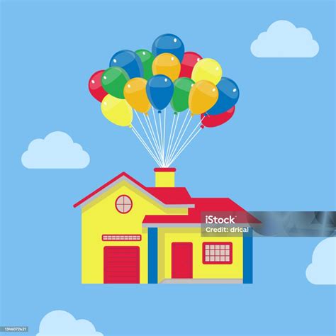 House Flying With Balloons Stock Illustration - Download Image Now - Balloon, Hot Air Balloon ...