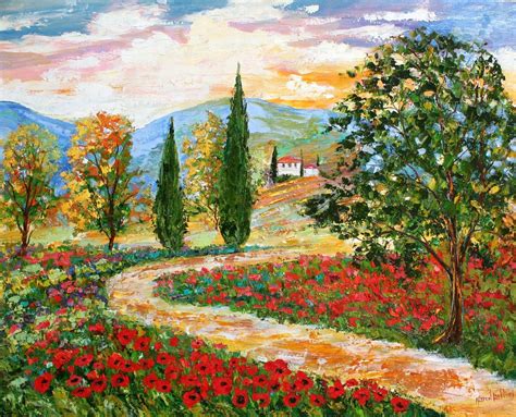 Landscape painting original oil Tuscany Poppies by Karensfineart