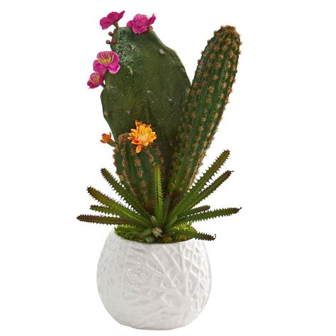17” Mixed Cactus Artificial Plant in White Planter | Nearly Natural