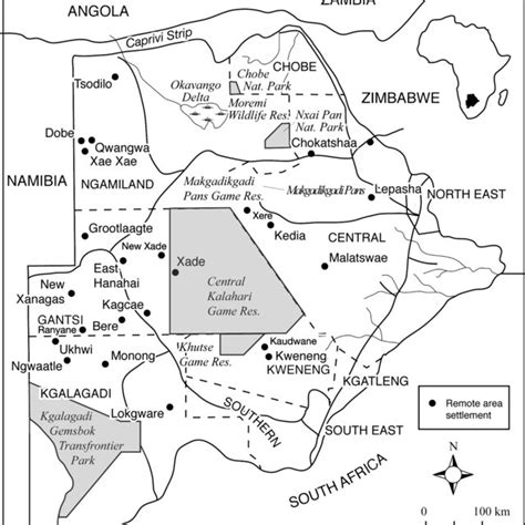 Map of the Dobe-/Xai/Xai area in western Ngamiland, Botswana, and the... | Download Scientific ...