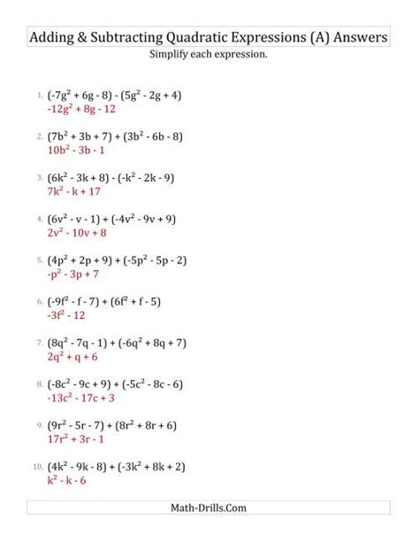 Adding and Subtracting and Simplifying Quadratic Expressions (A)