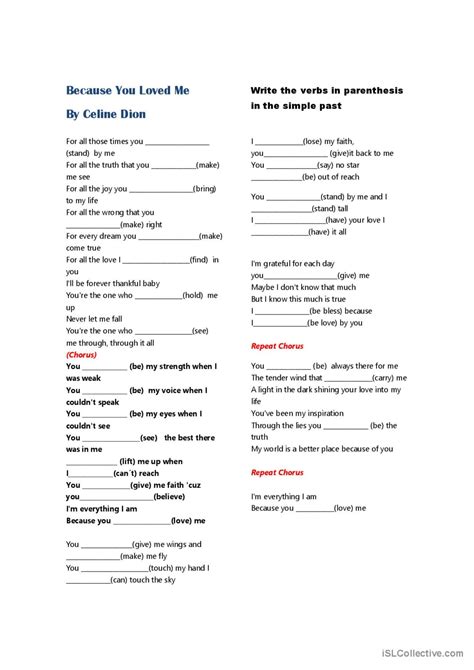 Because you loved me by Celine Dion…: English ESL worksheets pdf & doc