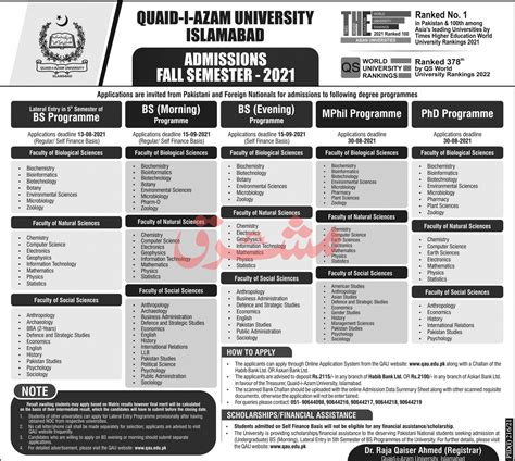 Quaid-e-Azam University Admission 2022