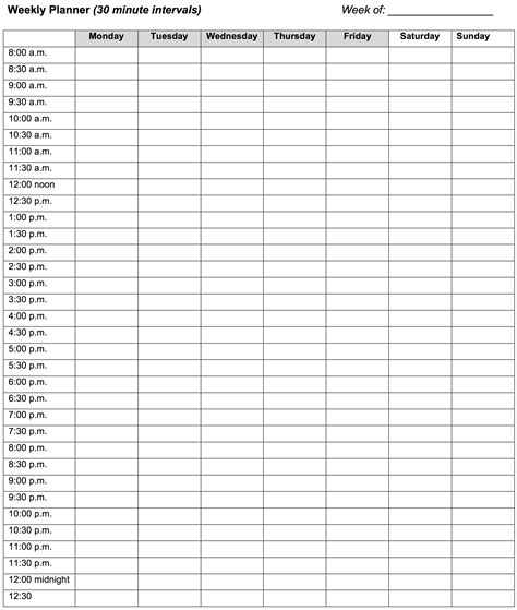 Weekly Planner: 30 minute intervals – Learning Center