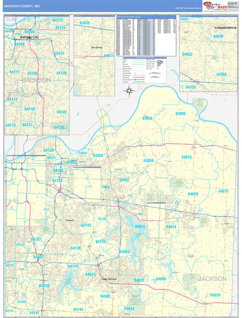 Jackson County, MO Zip Code Wall Map Basic Style by MarketMAPS - MapSales