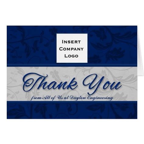 Business Logo Custom Thank You Blue Damask Card | Zazzle