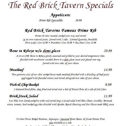 Menu at Red Brick Tavern restaurant, London, Cumberland St