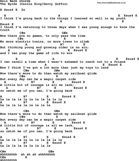 Song lyrics with guitar chords for Goin' Back