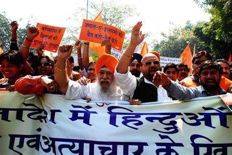 Vishwa Hindu Parishad activists raising slogans during a demonstration