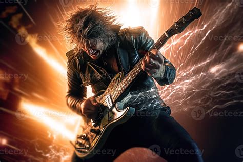 Rock guitarist, metal rockstar playing guitar with lightning on the ...