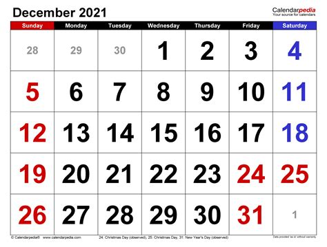 December 2021 Calendar | Templates for Word, Excel and PDF