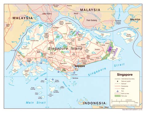 Detailed political map of Singapore with roads, railroads, airports, seaports and other marks ...