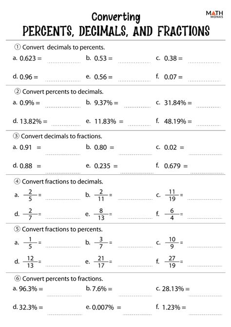 Decimals To Fractions To Percents Worksheets