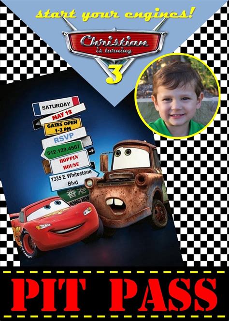 Custom Personalized Pixar Cars Birthday Invitation Pit Pass World Signs - diy printable - with ...