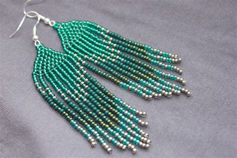 Turquoise Beaded Earrings Long Earrings Fringe Earrings Ombre - Etsy