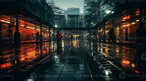 a rainy night scene with people walking down the street generative ai ...