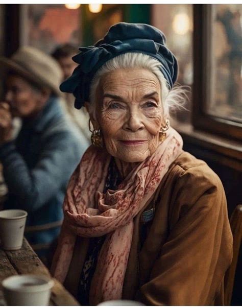 an old woman sitting at a table with a cup of coffee in front of her