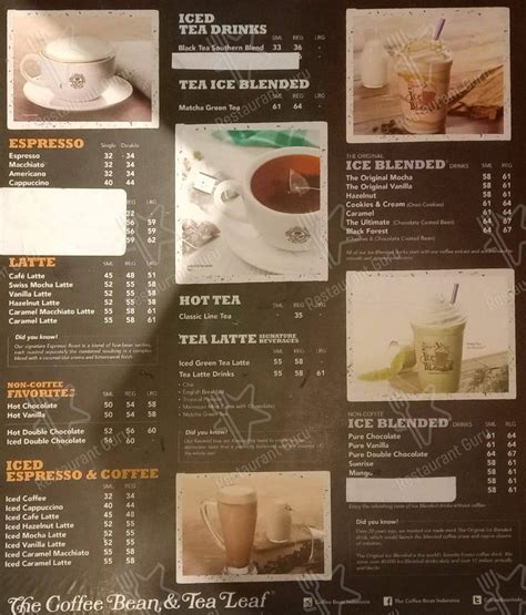 Carta del café Coffee Bean & Tea Leaf, Denpasar, Jl. Melasti Kuta No 99