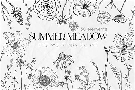 Summer Meadow Wildflowers Line Art - Design Cuts