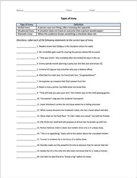 Irony Worksheet (Verbal, Situational, and Dramatic) by Ashley Higgins