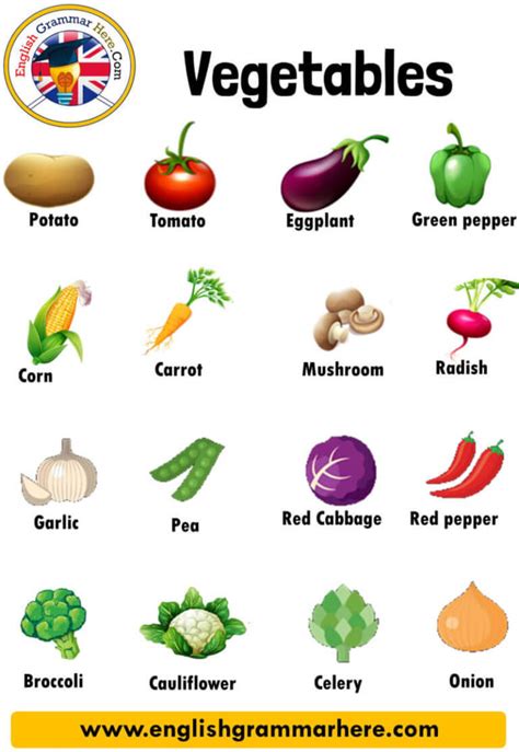 10 vegetable name in English, Definition and Examples - English Grammar ...