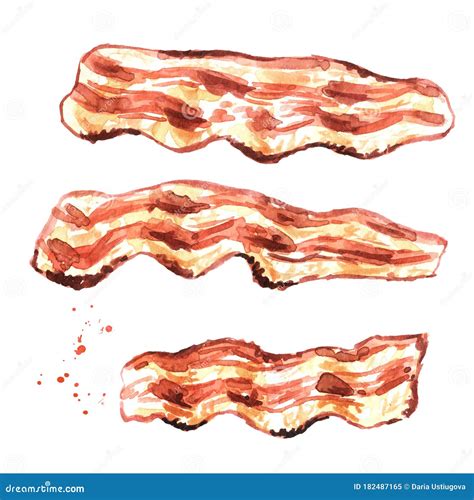 Fried Bacon Pieces Set. Hand Drawn Watercolor Illustration Isolated on ...