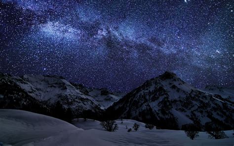 mountains, Landscapes, Nature, Winter, Snow, Night, Stars, Galaxies ...