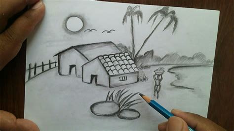 Easy Village Scene Pencil Drawing : Snowy mountains, a frozen lake make ...