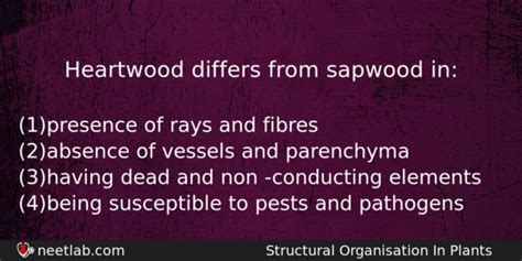 Heartwood differs from sapwood in: - NEETLab