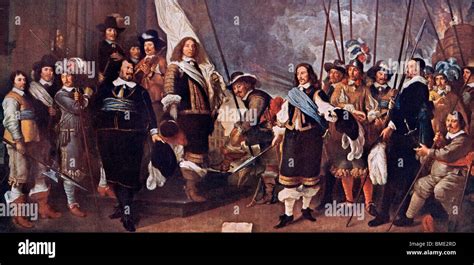 Dutch celebrating the Treaty of Westphalia, ending the Thirty Years' War, 1648. Color halftone ...