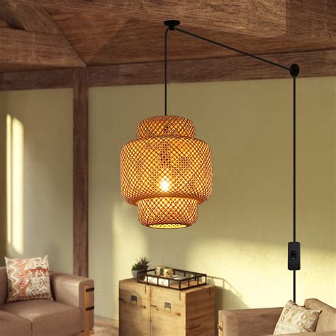 Buy Plug in Pendant Lamps Bamboo Pendant Lights with 11.5ft Cord Rattan Lantern Ceiling Lighting ...