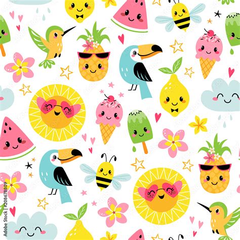 Seamless pattern of cute summer cartoon characters on white background ...