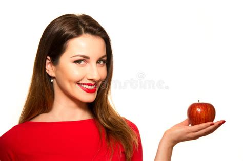 Positive Female Biting a Big Red Apple Fruit Smiling on White Ba Stock Image - Image of person ...