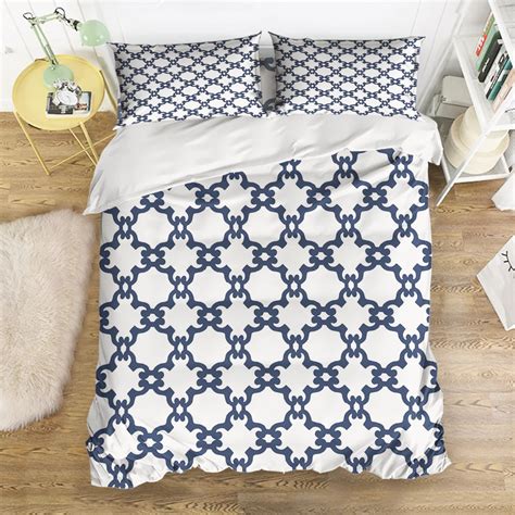 CHARMHOME Geometric Pattern Bedding Sets 4pcs Navy Blue White Duvet Cover Bed Sheet Pillowcases ...