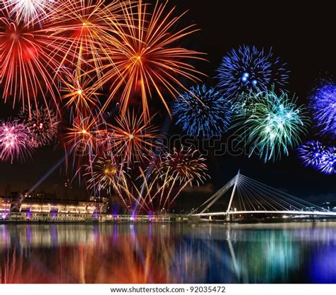 Colorful Fireworks Reflect Water Beautiful Bridge Stock Photo 92035472 | Shutterstock